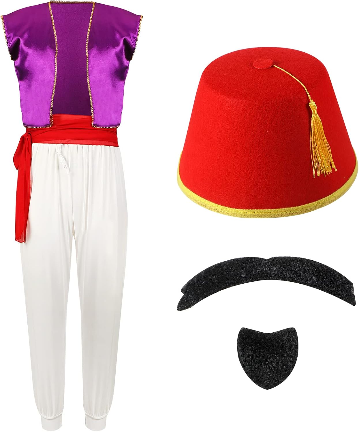 Zhanmai Men's Arabian Prince Costume Set Purple Vest Harem Pants Red Fez Felt Hat Sash Beard for Cosplay Party(Medium) - Image 2