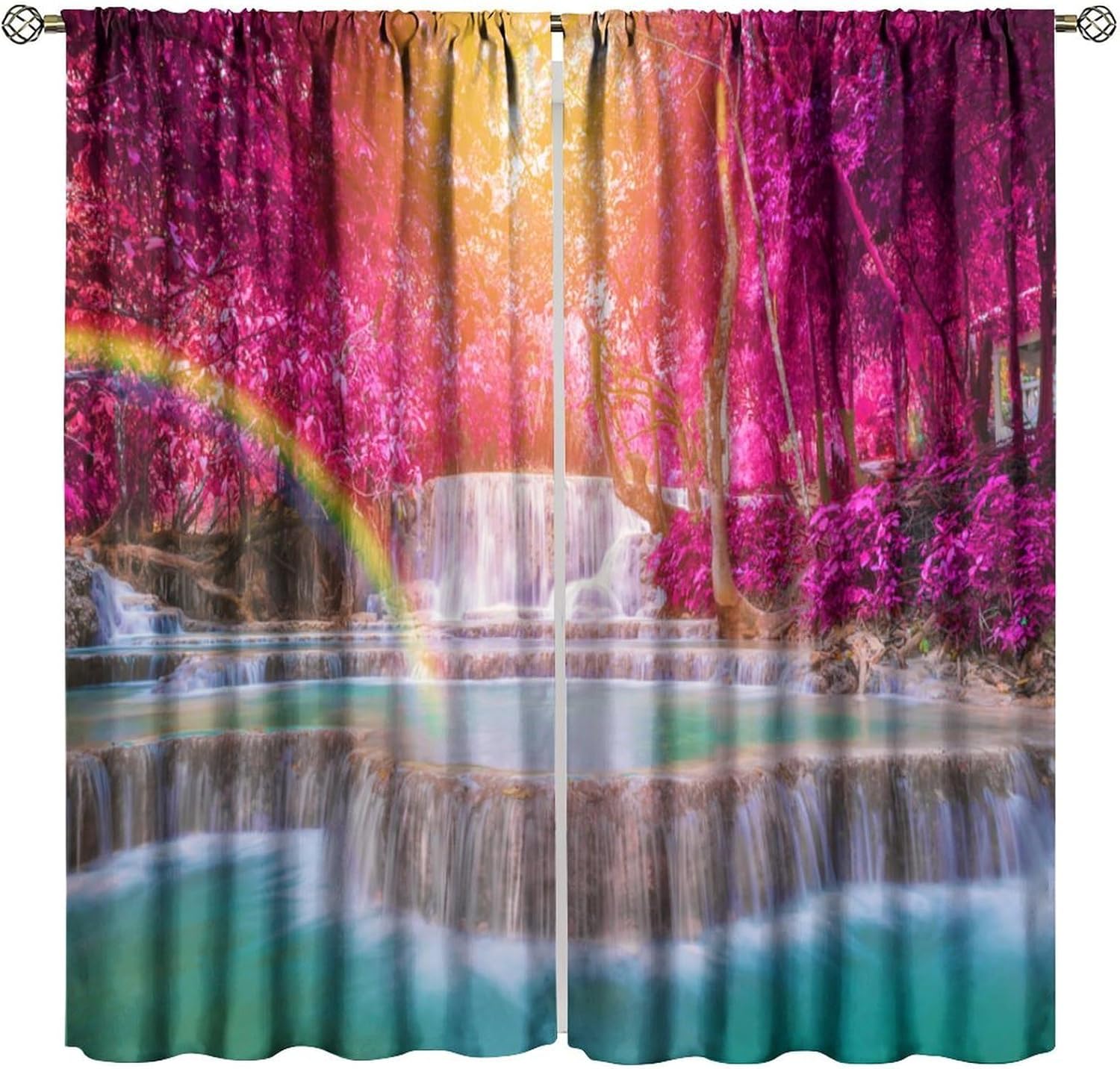 Pink Forest Waterfall Curtains,Autumn Jungle Rainbow Natural Landscape Scenery Pattern Blackout Rod Pocket Window Drapes for Bedroom Living Room Kitchen 52x84 Inch