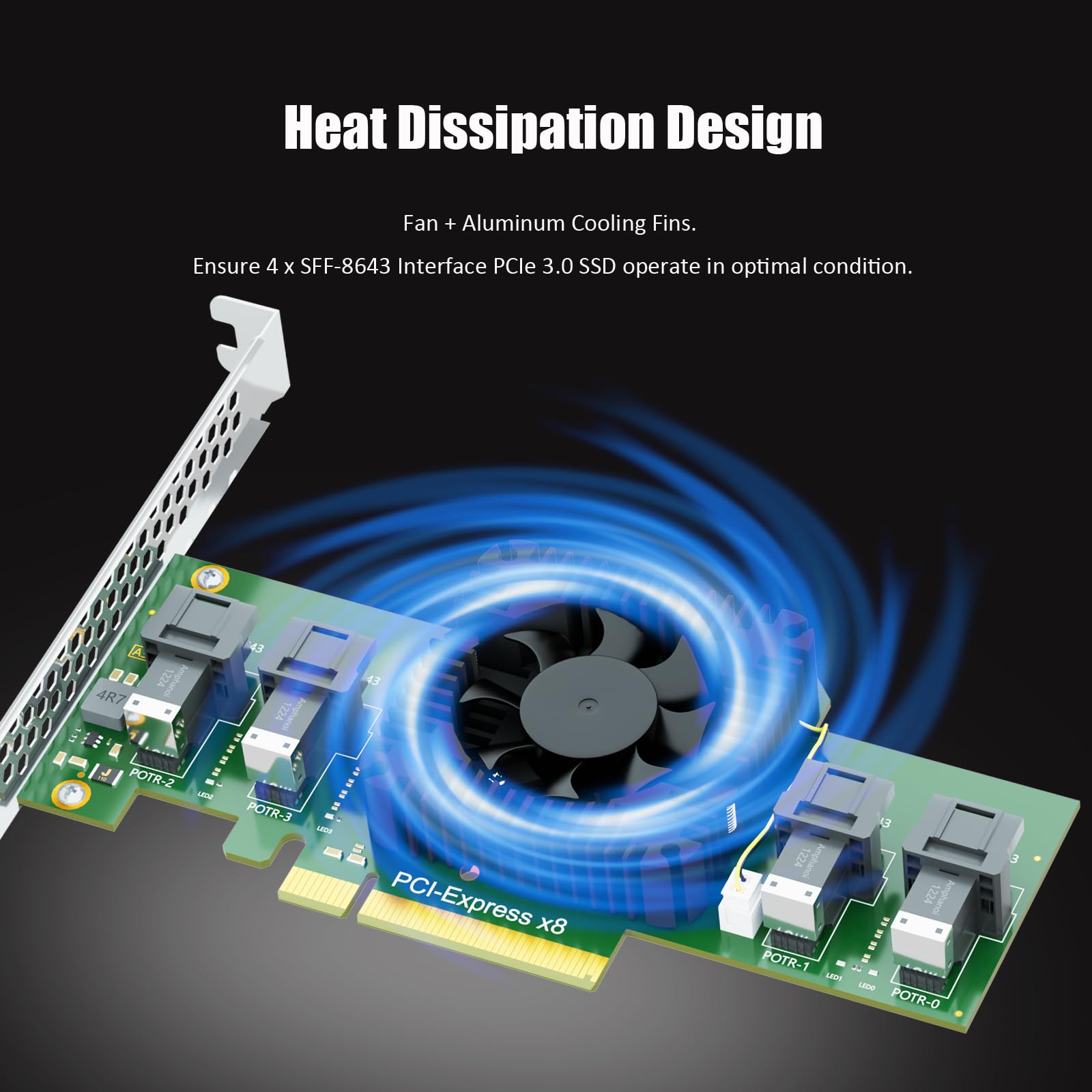 GLOTRENDS SF44 Carte Adaptateur 4 Ports SFF-8643 (Mini-SAS HD) vers PCIE 3.0 X8 avec Fonction de Bifurcation PCIe, Support Standard et à Profil Bas