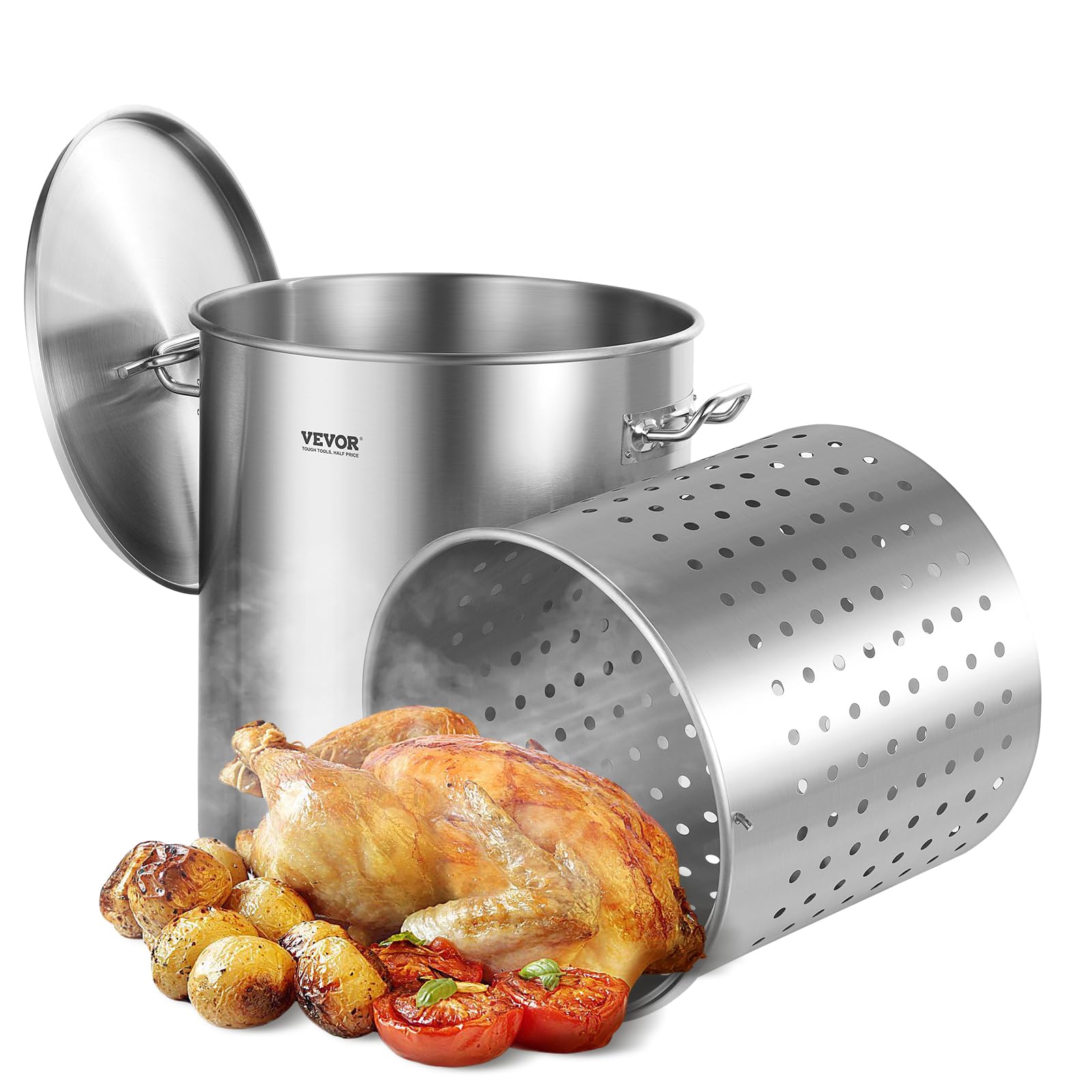 VEVOR Olla Grande de Acero Inoxidable de 60,​5 L, para Salsa con Canasta, Tapa y Asa, Olla Comercial Resistente, Tratamiento de Lijado, para Eventos de Grupos Grandes, Plateado, 400 x 450 mm