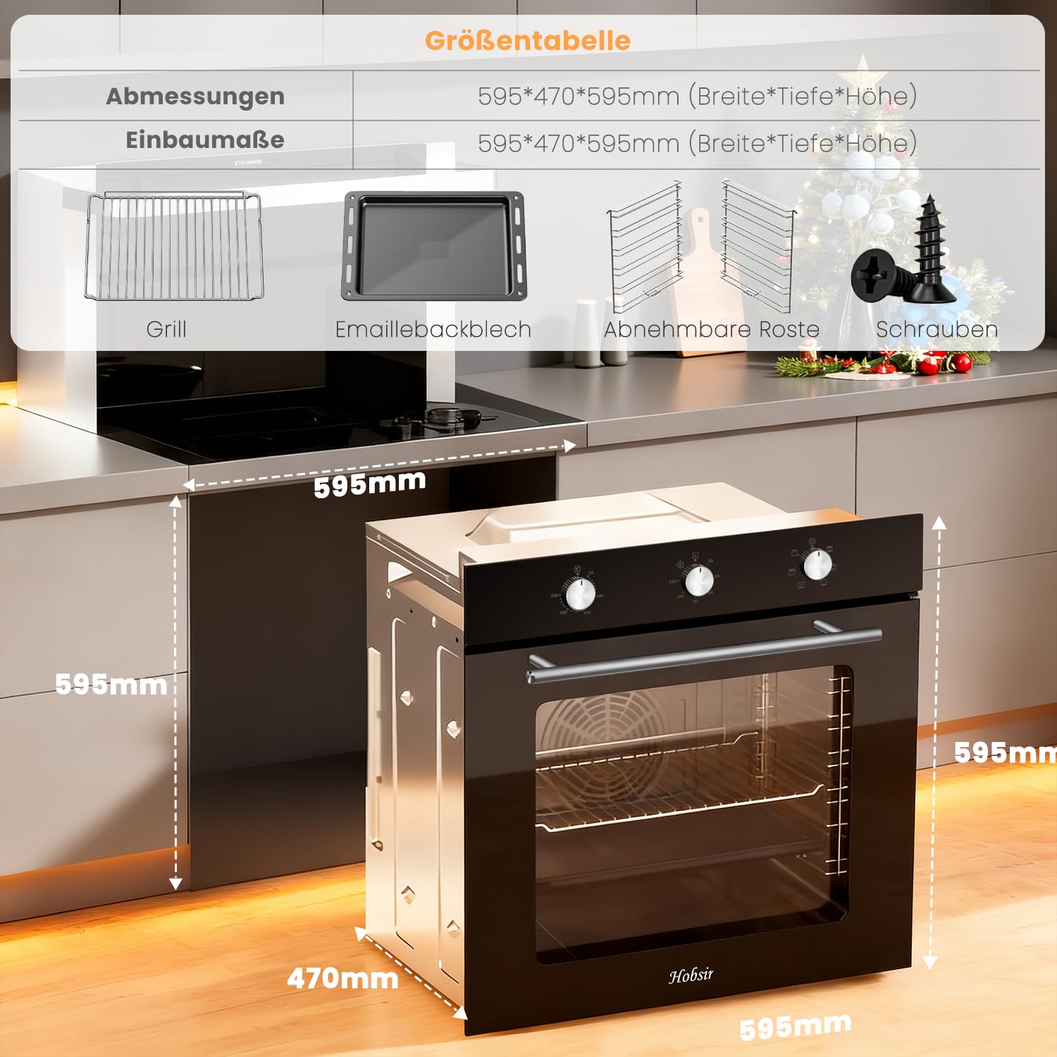 Hobsir 60 cm Einbaubackofen mit 60 L Volumen, Drehknopfsteuerung, 2200 W – Multifunktionsofen mit 6 Garprogrammen, Timer bis 120 Min, ideal für Profis und Einsteiger