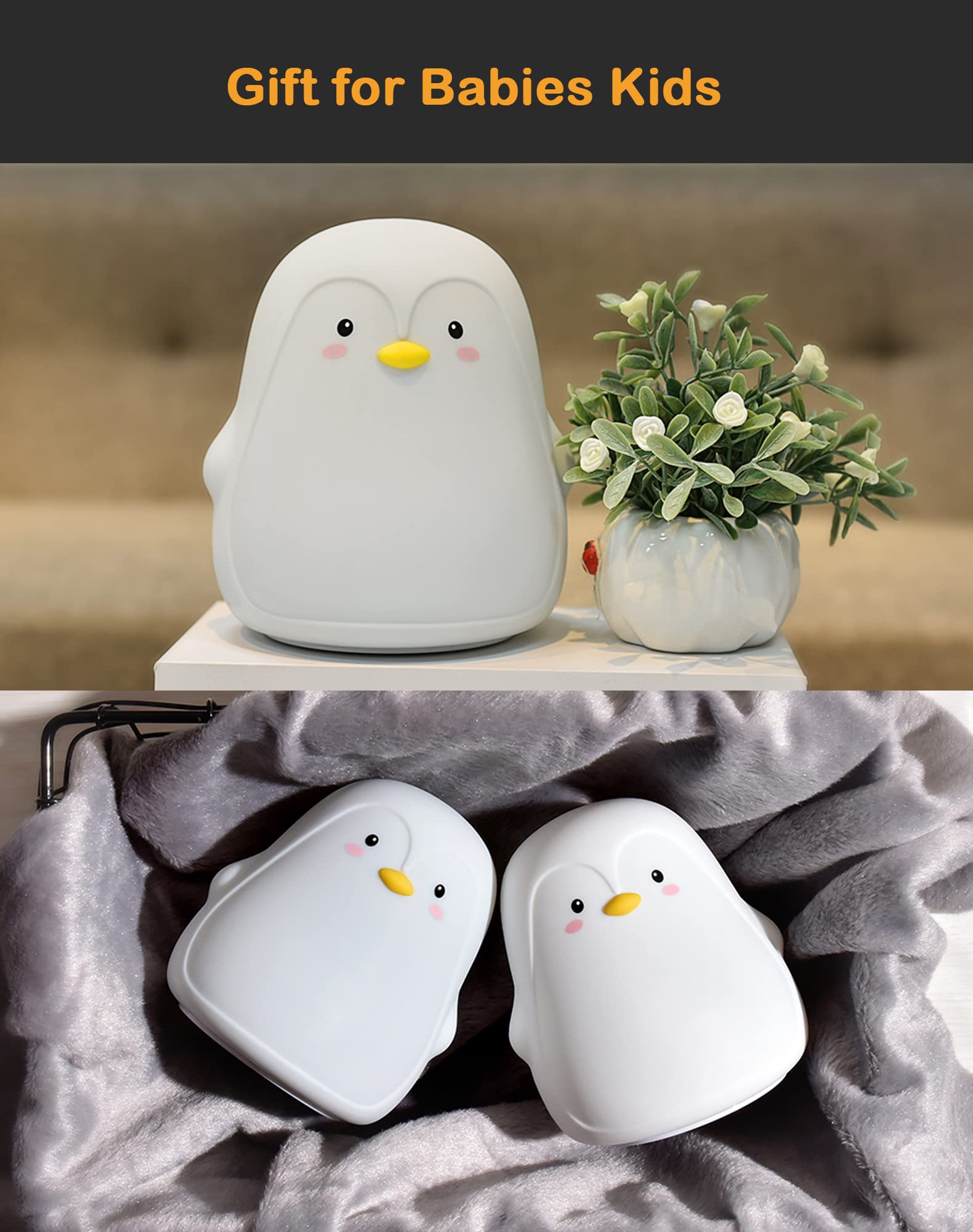 Pinguin-Nachtlicht, wiederaufladbares Silikon-LED-Nachtlicht für Kinder, mehrfarbig, niedliches Kinderzimmer-Nachtlicht mit warmweißem und 7-farbigem Atemmodus, Weihnachtsgeschenk für Kinder, Baby,