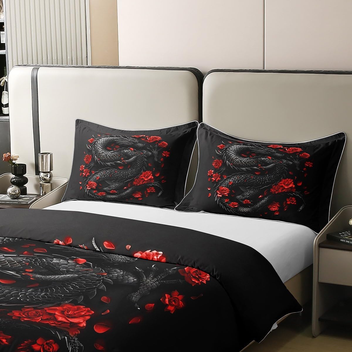 Feelyou Dragon Duvet Cover 100% Cotton King Size Kids Personalized Dragon Bedding Set Botanicla Rose Floral Comforter Cover Set Wild Dragon Theme Red Black Bedspread Cover 3Pcs,No Comforter