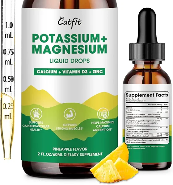 Potassium Magnesium Glycinate Supplement-High Absorption Magnesium Complex Liquid Drop with Calcium, Potassium, Vitamin D3 & Zinc for Sleep,Leg Cramps, Muscles & Energy, Sugar Free&Vegan 2 Fl Oz
