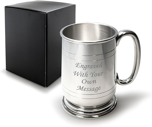 EIO Gifts Personalised 1 Pint Pewter Jacobean Tankard/Mug with C Shaped Handle - Engraved with Your Custom Text.