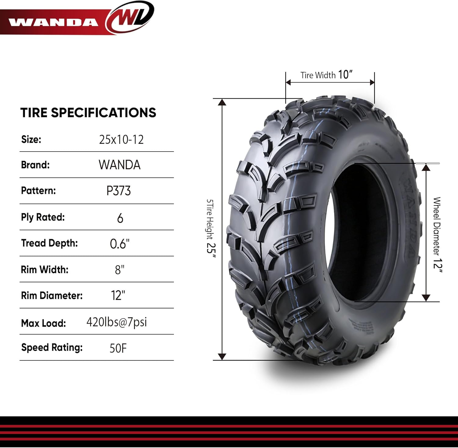 WANDA Full set ATV/UTV Tires 25x8-12 Front & 25x10-12 Rear /6PR