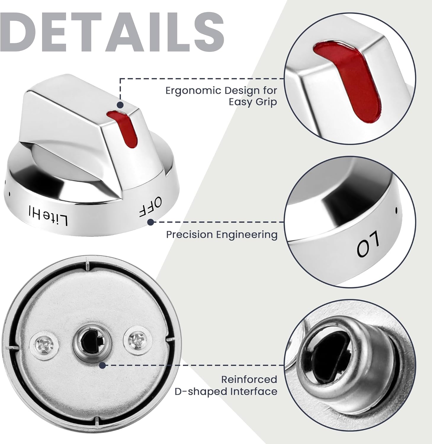 Fetechmate Upgraded DG64-00473A Burner Stove Dial Knob,Strong Rings,Stainless Steel Compatible with Sam.Sung Range Oven Gas Stove Knob NX58F5700WS NX58H5600SS NX58H5650WS NX58J7750SS (5 Pack)