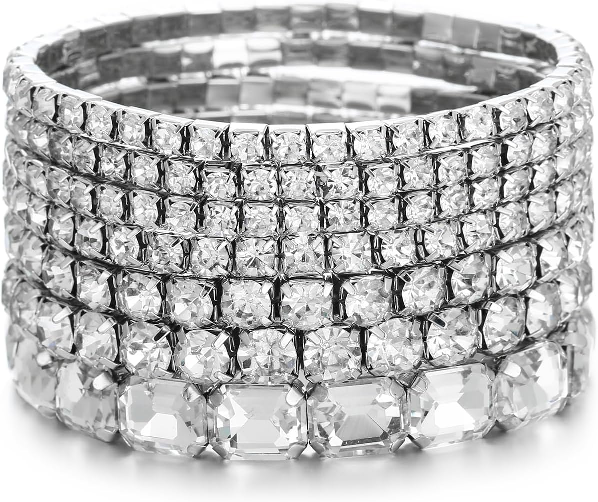 7 PCS Crystal Stretch Bracelets for Women, Bridal Wedding Stackable Layered Rhinestone Bracelets Set Evening Party Jewelry