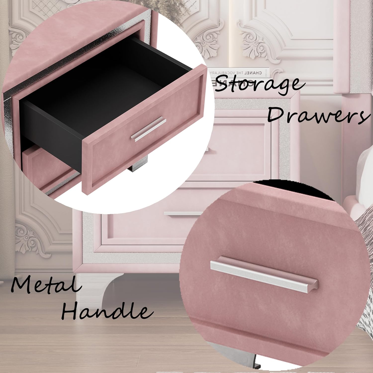 Velvet Upholstered Nightstand with Drawers and Handle, Mid Century Modern Nightstand Fully Assembled Except Legs and Handles, Set of 1(Pink)