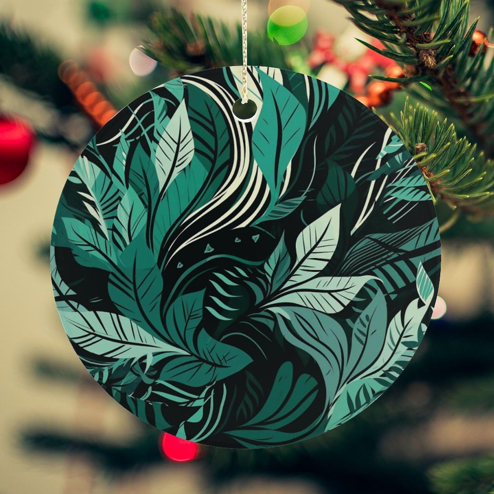 Green Tropical Leaves Christmas Ornament for Christmas Tree Ceramic Round Ornament Winter Holiday Keepsake Gift 2.7" Christmas Tree Hanging Decorations Circle Ceramic Pendant Xmas Gift