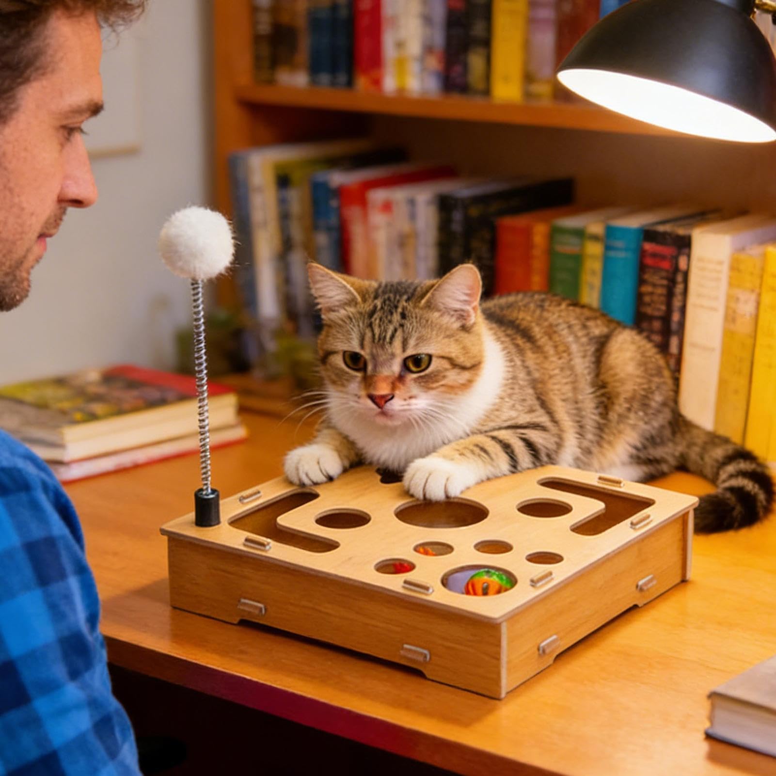 Scatola Tiragraffi Con Per Unghie Gatti | Tavola Di Arricchimento In Legno | Scatola Unghie per Gatti con Pallina Sonaglio - Adatto a Cuccioli Conigli Gioco in Casa Cane e
