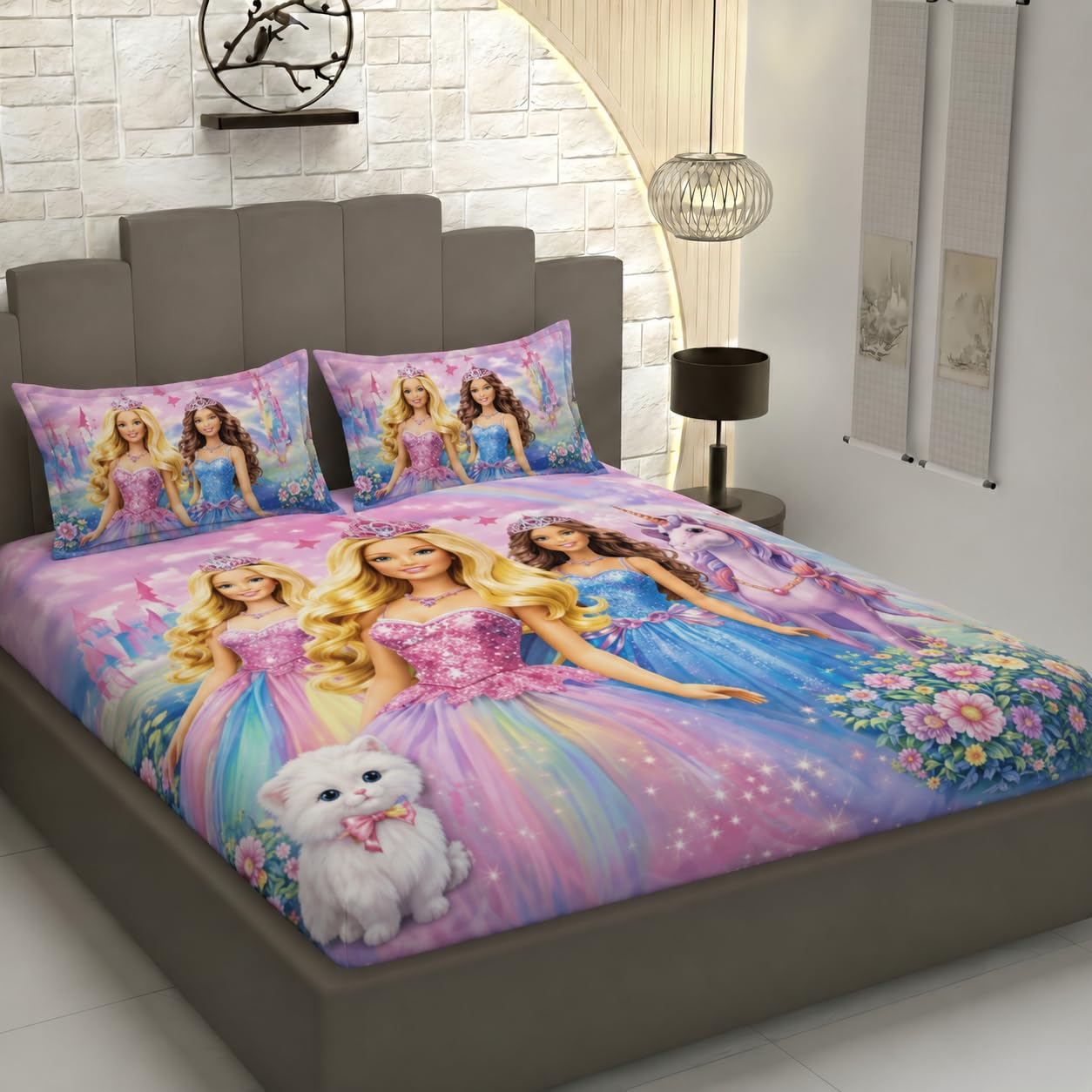 DECOR WELL 7d Bedsheet for Double Bed King Size with 2 Pillow Covers, Polycotton 220 TC Super Soft & Breathable, Wrinkle Free | Barbie | Printed Bedsheet Set (90x100 Inch)-image-11
