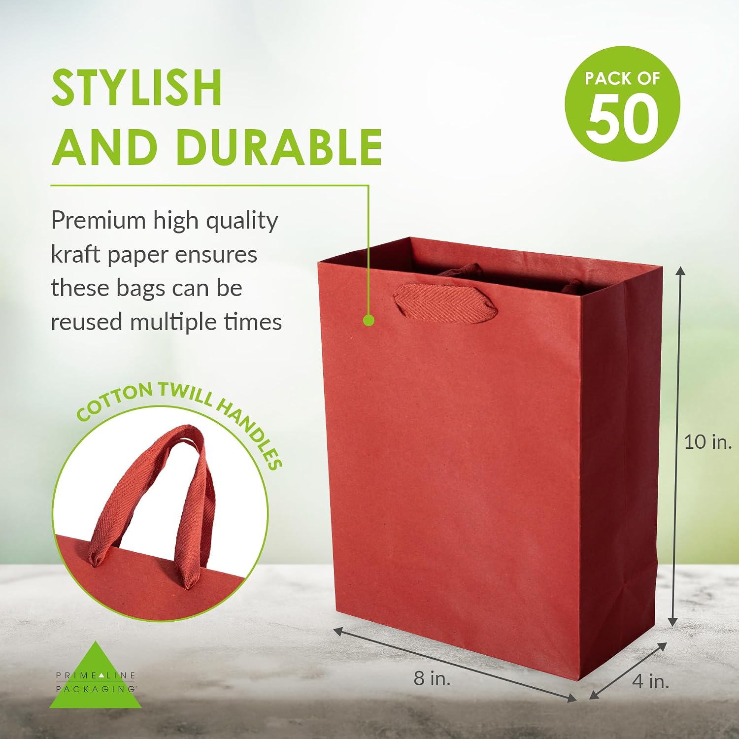 Prime Line Packaging Red Gift Bags, Small Kraft Paper Gift Bags with Handles for Gift Cards, Weddings, Party Favors, Retail Shopping, Craft, Merchandise, Bulk, 8x4x10, 50 Pack