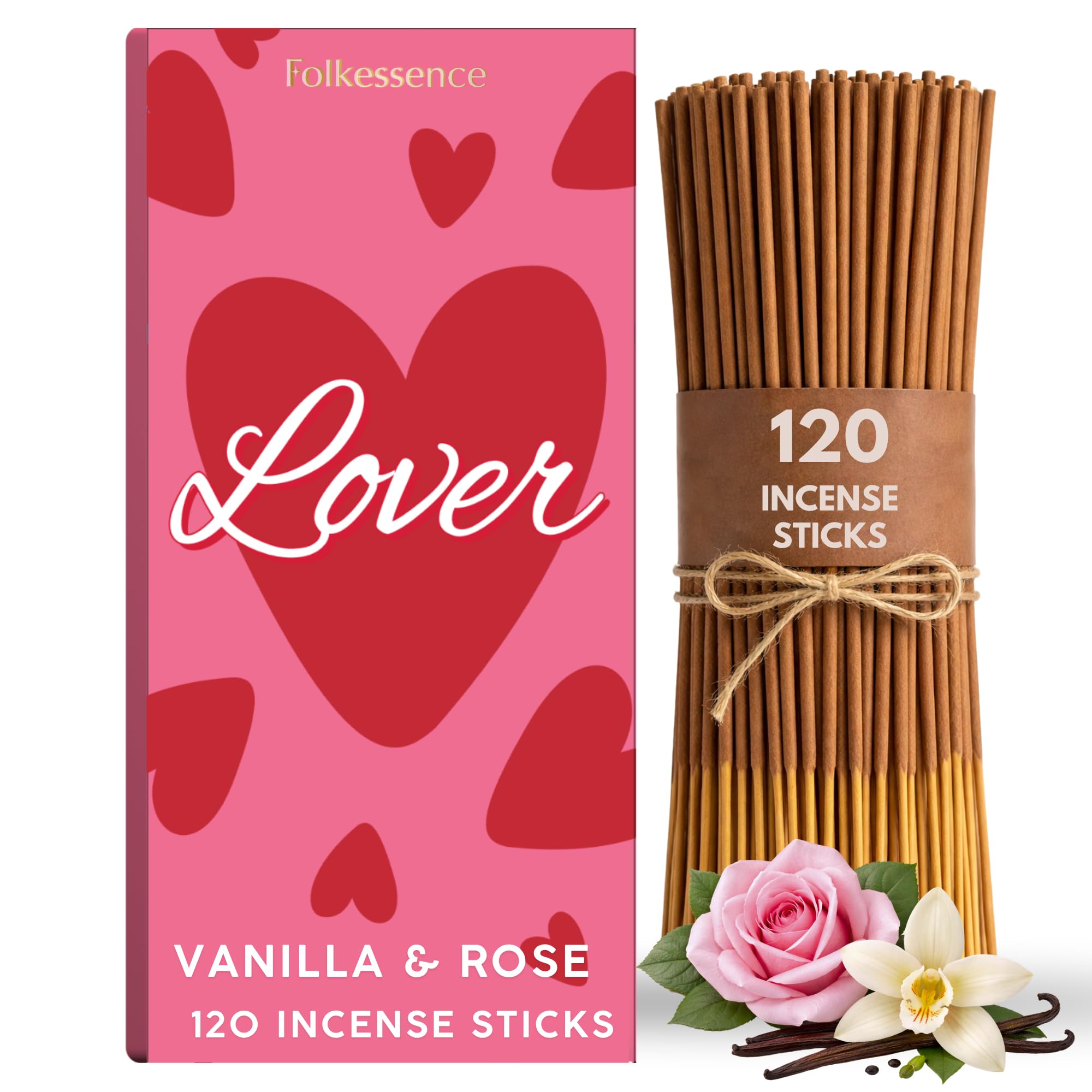 Folkulture Lover Incense Sticks | 120 Luxury Insense Sticks Gift Set | Vanilla & Rose Organic insense Sticks | 8 Inch 45–60 Min Burn Carbon-Free for Her — image 1