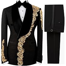 Men's Luxury Jacquard 2 Piece Suit with Rhinestone Slim Fit Velvet Shawl Lapel Blazer Jacket Pants Set for Prom Party