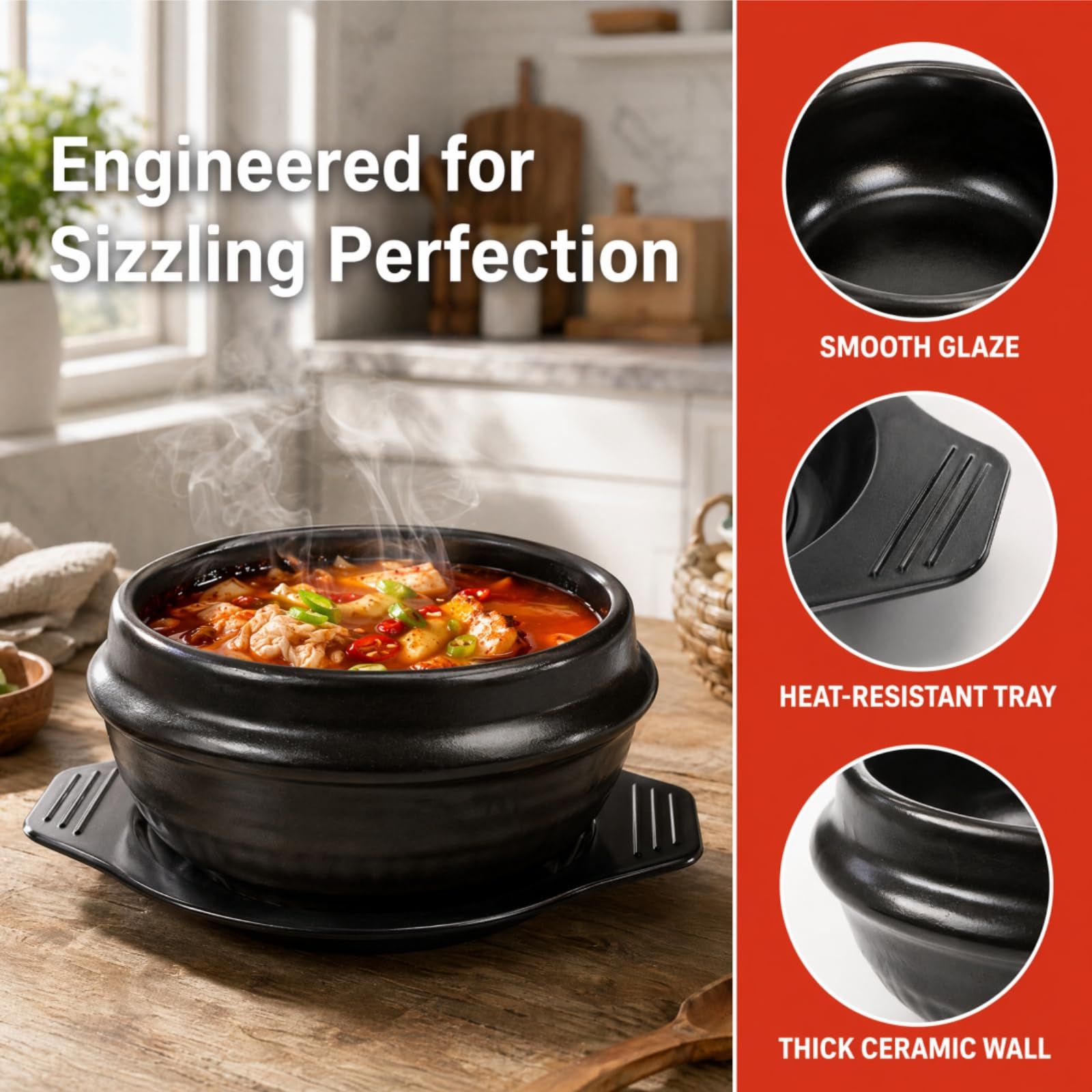 Bol en pierre coréenne de 1 050 ml avec plateau | Dolsot Bibimbap Ensemble de casseroles en céramique pour restaurants, riz, soupe, nouilles