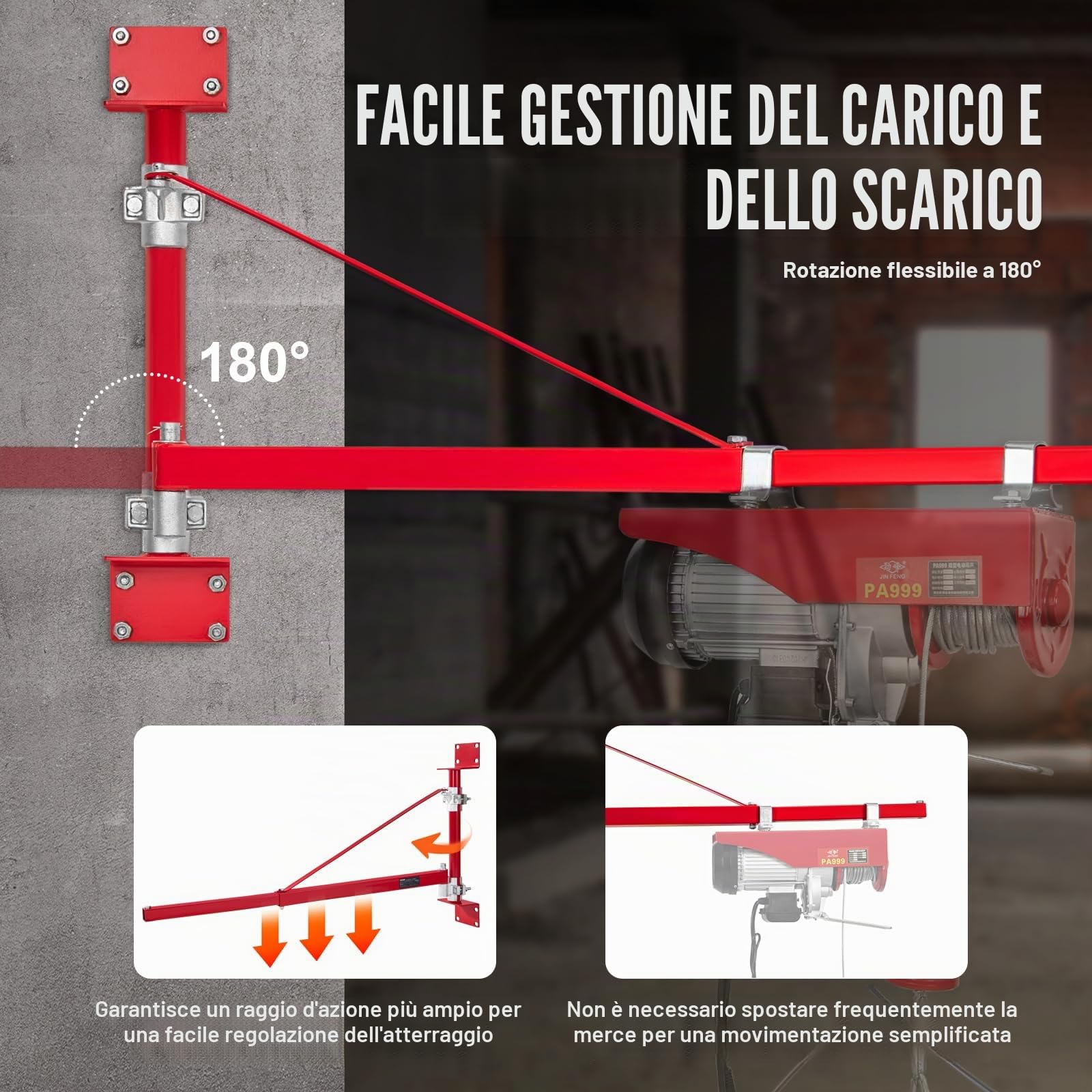 VEVOR Braccio Supporto per Paranco Elettrico, Capacità Carico 600 kg, Braccio di Supporto per Paranco Girevole con Asta, Telaio di Sollevamento in Acciaio a 180° per Officina, Garage