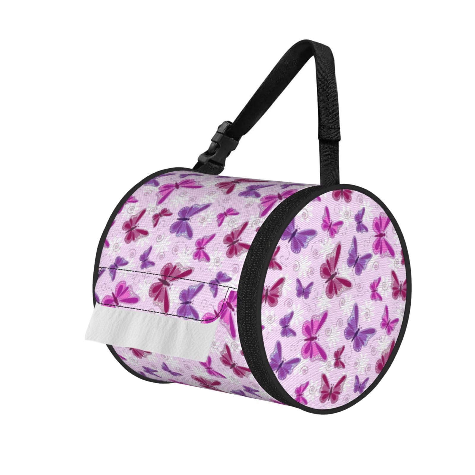 Pink butterfly Printed Roll Paper Carrier Bag, Foldable Oxford Cloth Tissue Case for Camping Hiking Backpack