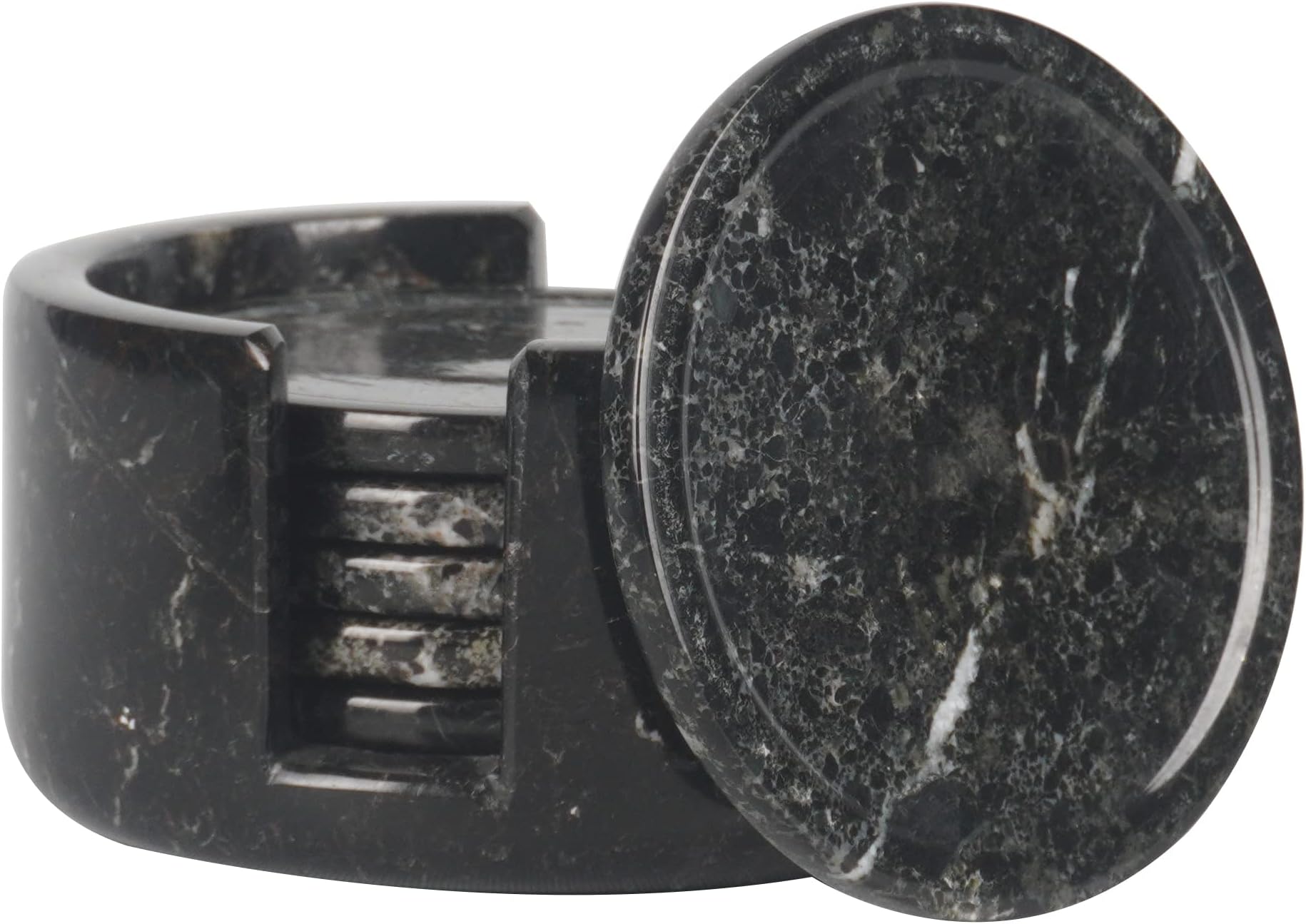 Marble Coasters Set of 6 Black 3.5 Inch Round Coaster for Drinks with Holder, Drink Coaster for Tabletop & Coffee Table Decor, Ideal Home Decor House Warming Gifts