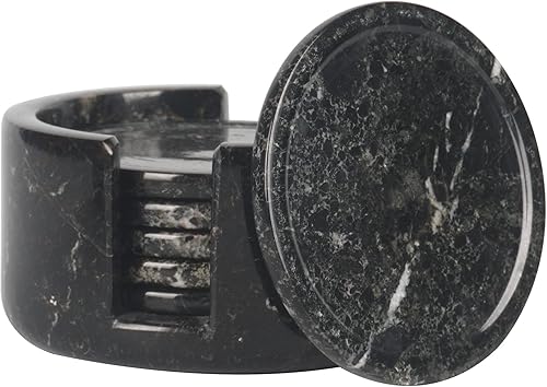 Juego de 6 posavasos redondos de mármol negros de 3.5 pulgadas para bebidas con soporte, posavasos para mesa y decoración de mesa auxiliar, ideal