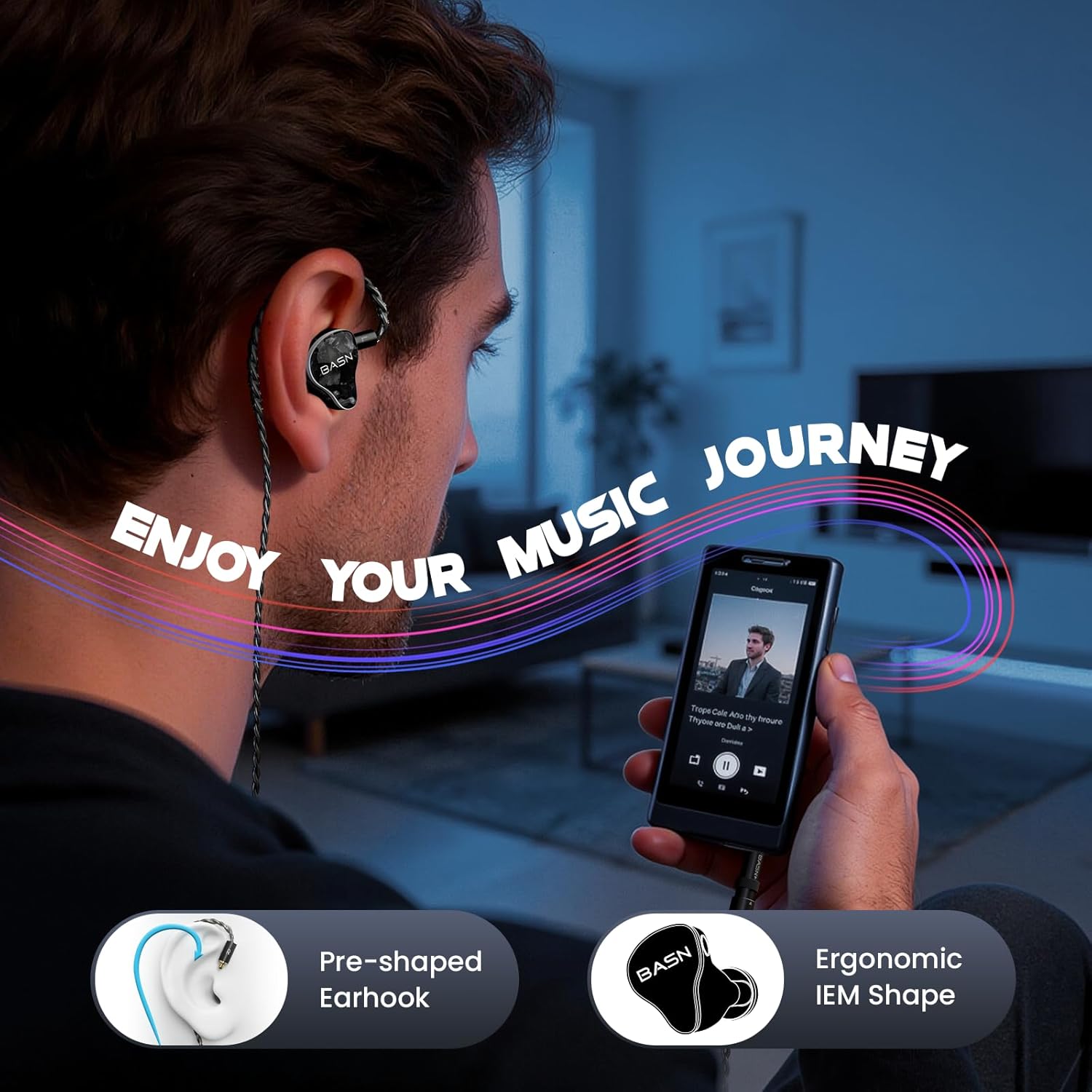 BASN Bmaster5 in Ear Monitors, 5 Drivers HiFi Drummer Stage Headphones, Professional IEM Earphones with MMCX Silver-Plated OFC Cable & Portable Case for Musicians(Obsidian Black, 3.5&4.4mm)