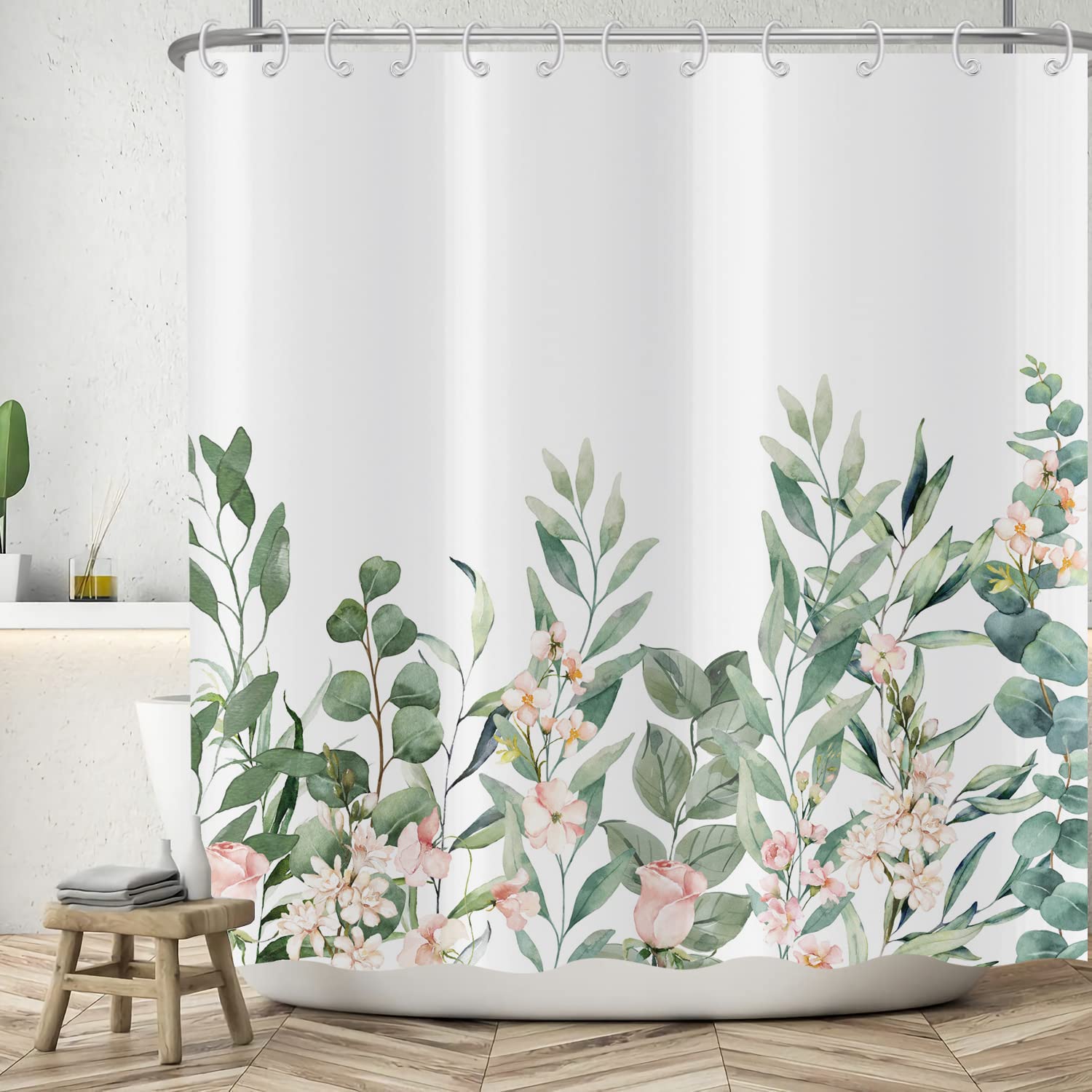 ASDCXZ Flower Shower Curtain 180x240 cm, Spring Rose Flowers Green Leaves Eucalyptus Leaves White Bath Washable Shower Curtains Polyester Textile Waterproof Bath Curtain for Bathtub with 12 Hooks — image 1