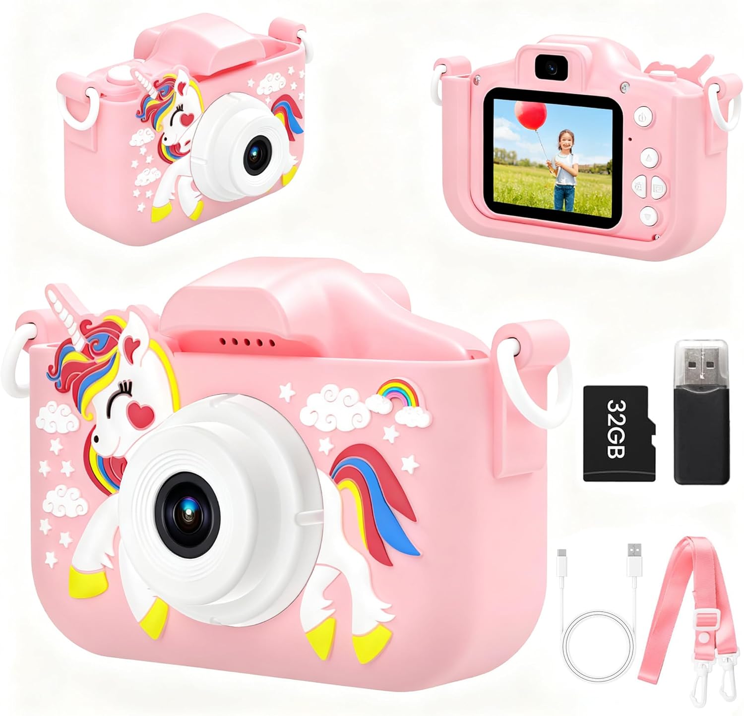 Kids Digital Camera Toy for Boys and Girls Aged 3-12, Unicorn 1080P Children's Camera, Christmas Birthday Gift, Toddler Digital Video Camera for Girls with 32GB SD Card/Reader (Pink)