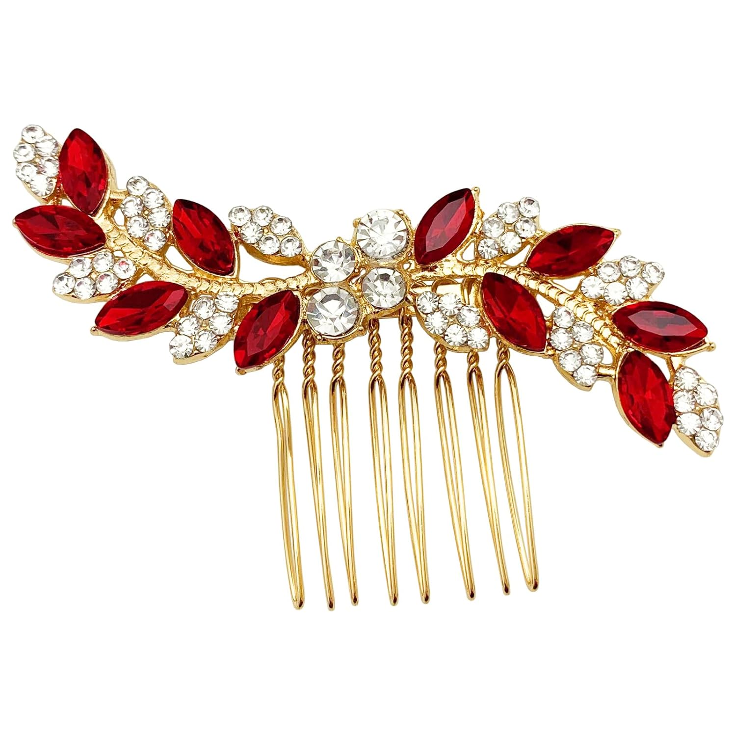 Bridal Crystal Hair Comb Small Wedding Alloy Rhinestone Party Prom Hair Piece Accessories Elegant for Women Girls (Red + Gold)