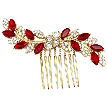 Bridal Red Crystal Gold Side Hair Comb Accessories for Prom