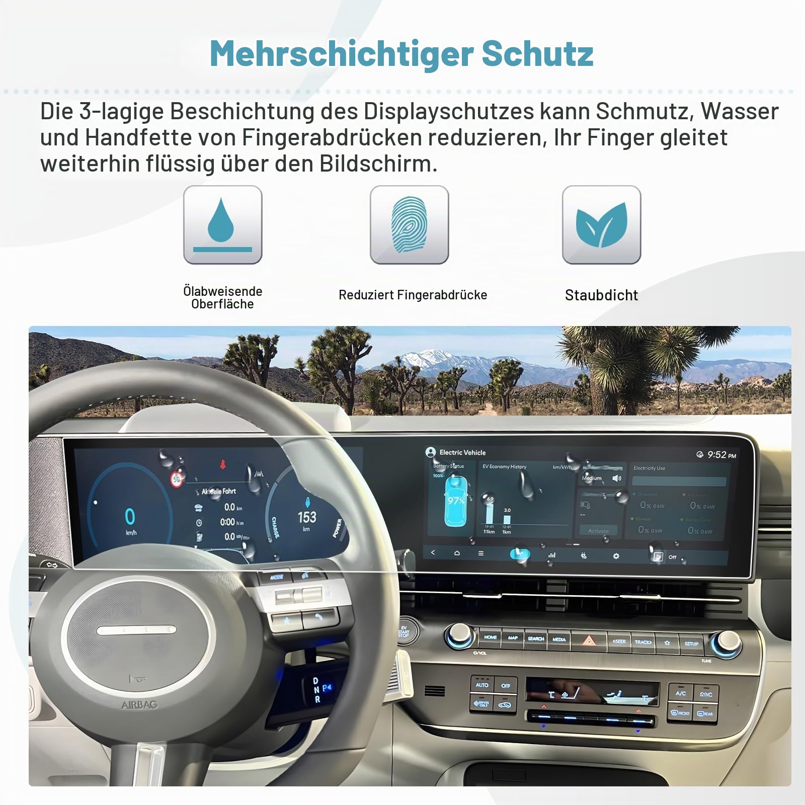 CDEFG Kompatibel mit Hyundai Kona SX2 2024-2026 EV Hybird Navigation + Instrumententafel Schutzfolie 4H Kratzfest 12,3 Zoll GPS Displayschutzfolie Navi Folie Zubehör 2 Stück (SX2 Navi+Digital Cluster)