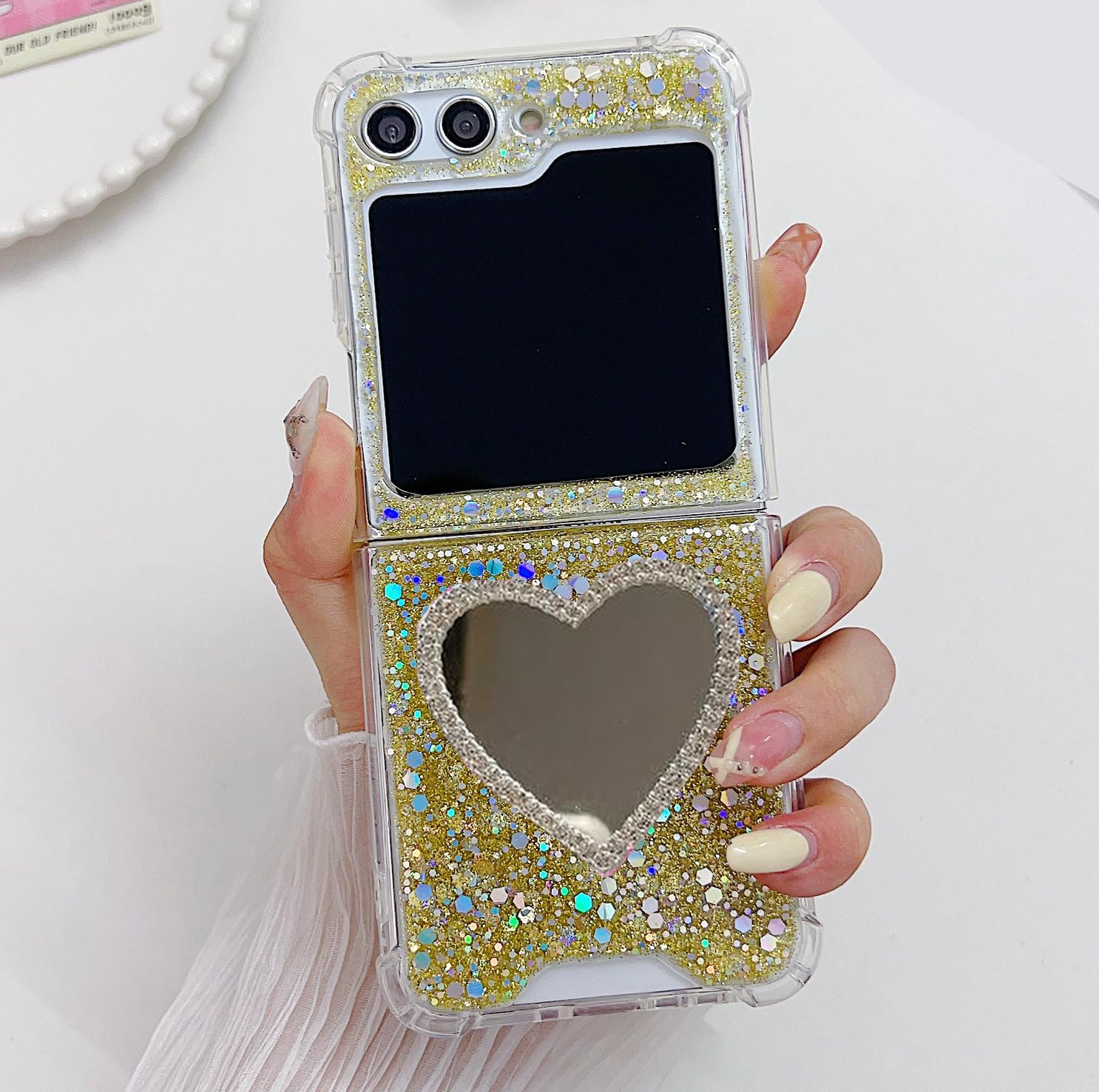 for Samsung Galaxy Z Flip 6 Mirror Case Luxury for Women Girls Kids Design Cute Bling Glitter Love Fancy Soft Phone Cover with Crystal Wrist Strap,Gold