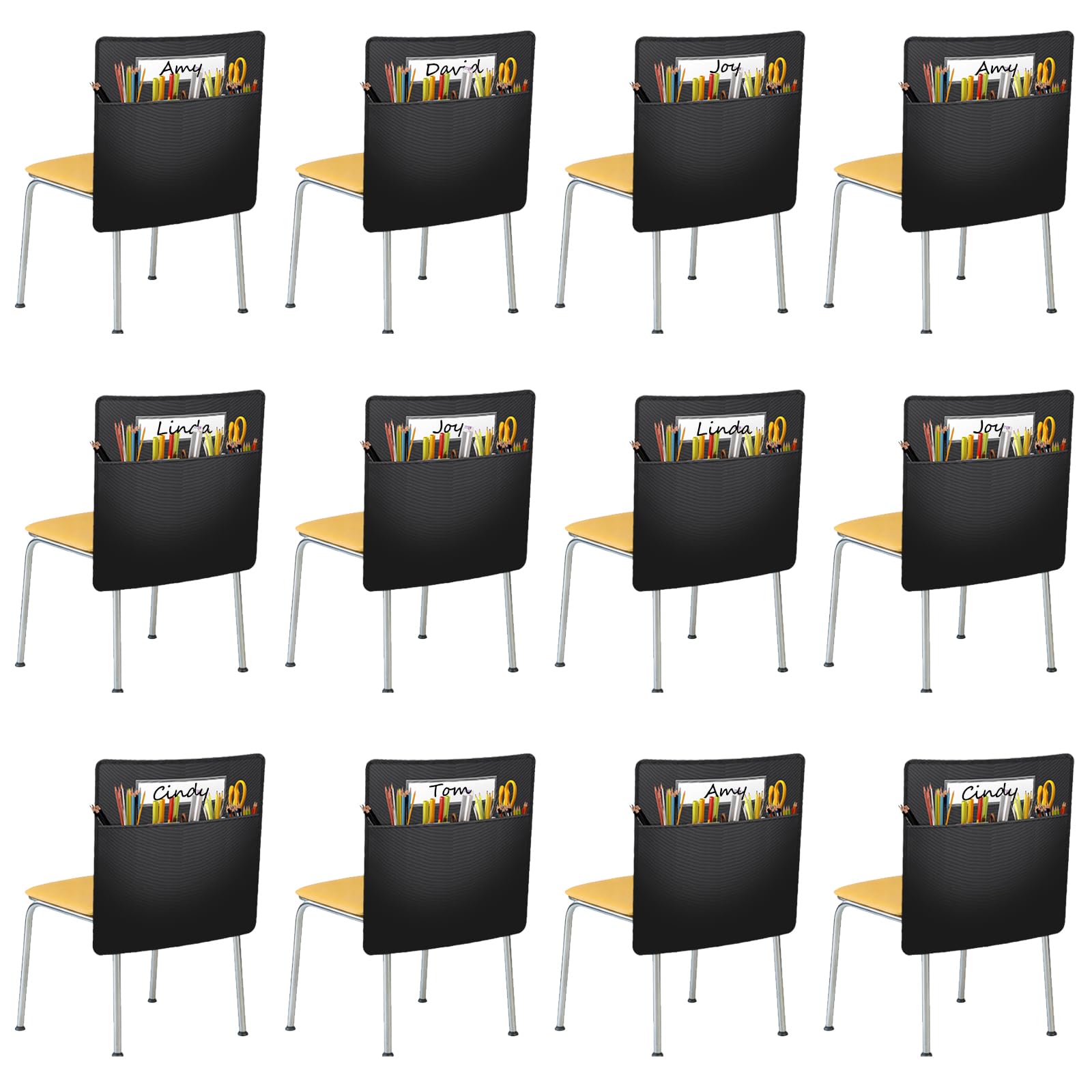 12 Pack Black Chair Pockets for Classrooms 16 X 17 inch Seat Sacks Back of Chair Organizer with Name Slot and Pockets Ample Chair Bags Seat Storage Pocket for Home, 12Pcs White Paper