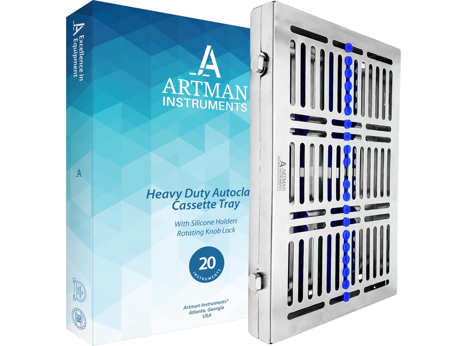 Artman Instruments Heavy Duty Turn Button Sterilization Cassette – 20 Tool Tray with Removable Lid & Double Lock – Autoclavable Dental, Surgical & Veterinary Organizer – 11.25″ x 7.5″ x 1.25″