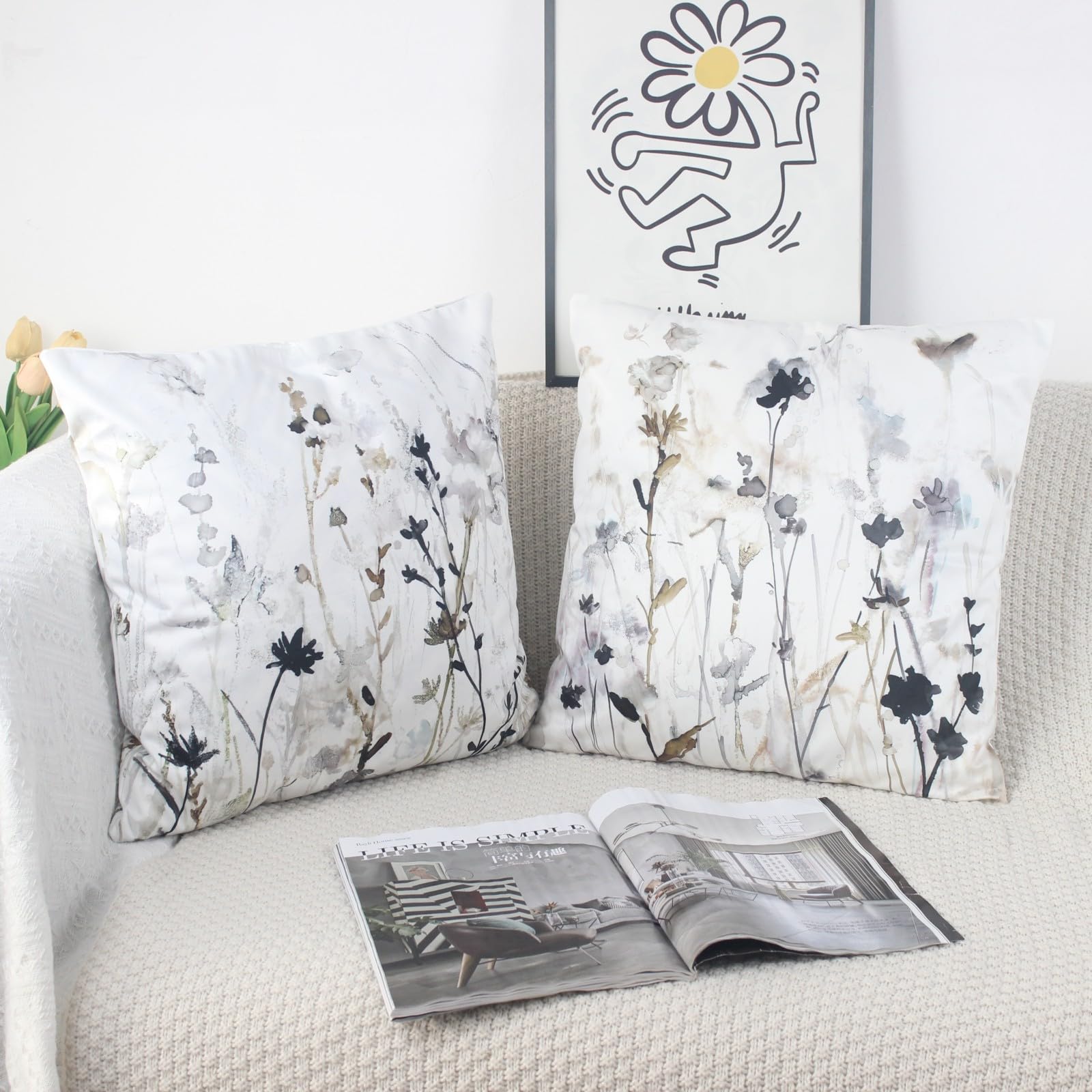 NIULAA Velvet Cushion Covers 45 x 45 Set of 2 Spring Cushion Cover Grey Watercolor Square Pillow Case Decorative Sofa Cushion Covers 18x18 Scatter Cushions Covers Art Deco - Image 2