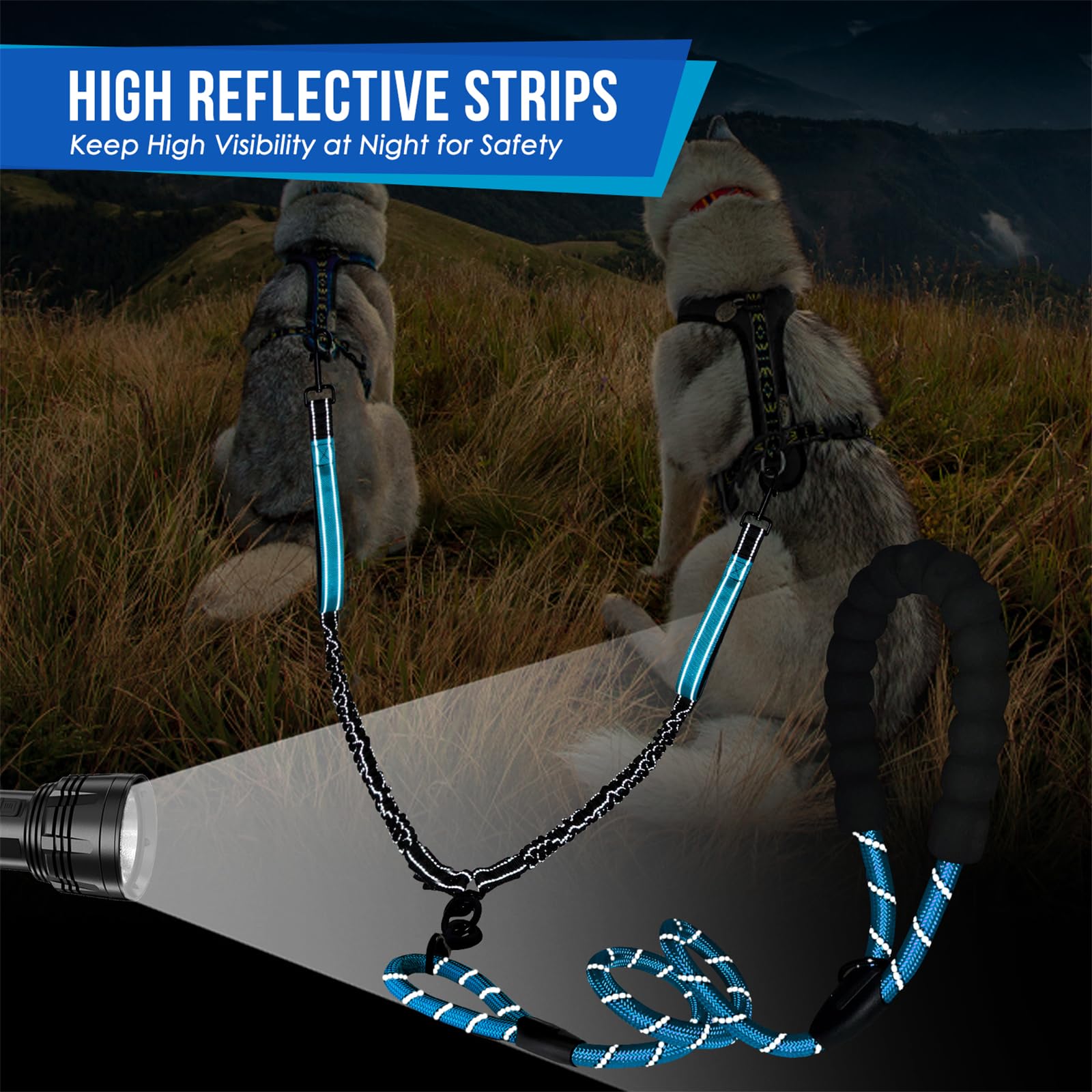 SlowTon Correas dobles para 2 perros – Correa doble para perro sin enredos con tres asas, giro de 360° para perros grandes, resistente correa reflectante doble para perro, absorción de golpes,
