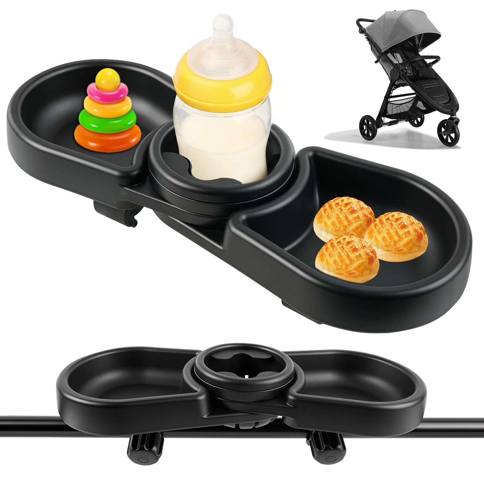 OGNWFUNK Snack Tray Compatible with Baby Jogger City Mini GT2 – BPA-Free 3-in-1 Stroller Snack Tray Attachment with Deep Cup Holders, Easy Installation, Fits Inward-Curved Handlebars - 2