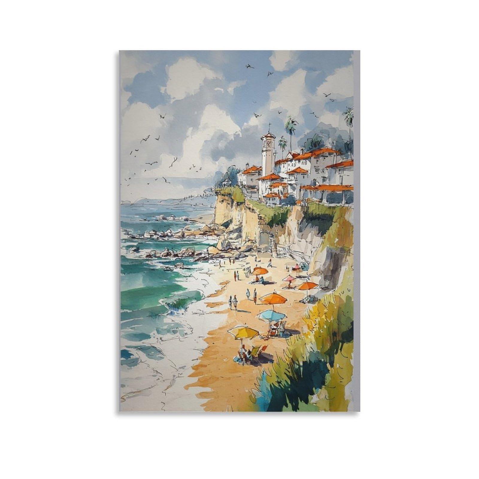 LCYNNH Corona Del Mar Watercolor Painting Newport Beach Coastal 24x36inch(60x90cm) Print Home Bedroom Office Living Room Decor Canvas