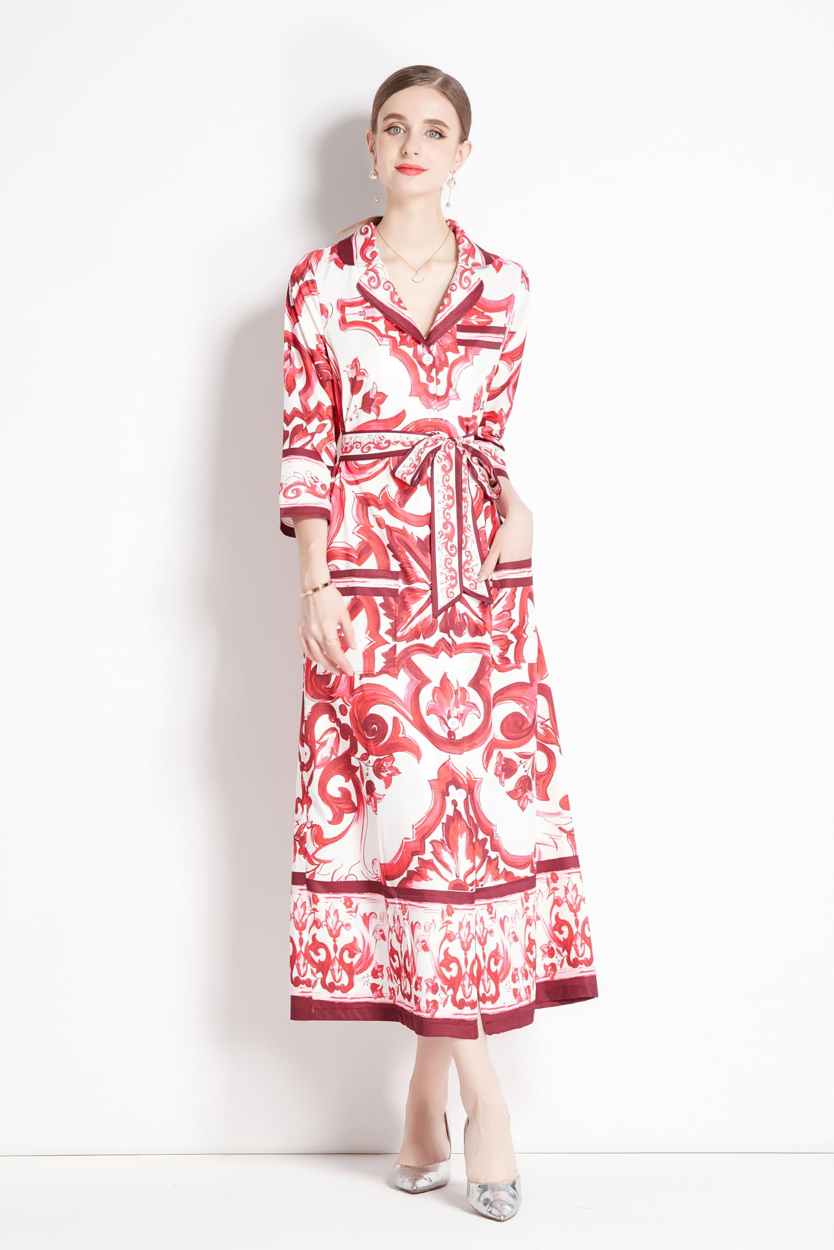 LAI MENG FIVE CATS Elegante vestido midi de manga corta con cuello en V y bolsillo para mujer