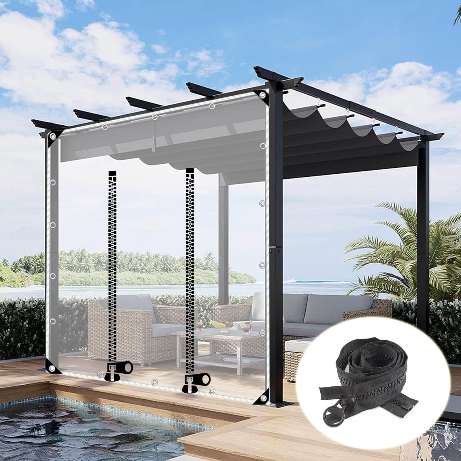 Durchsichtige PVC-Planenvorhänge 2,8x2,2 M – Wasserdicht, Mit Reißverschluss & Ösen, Für Pergola & Terrasse