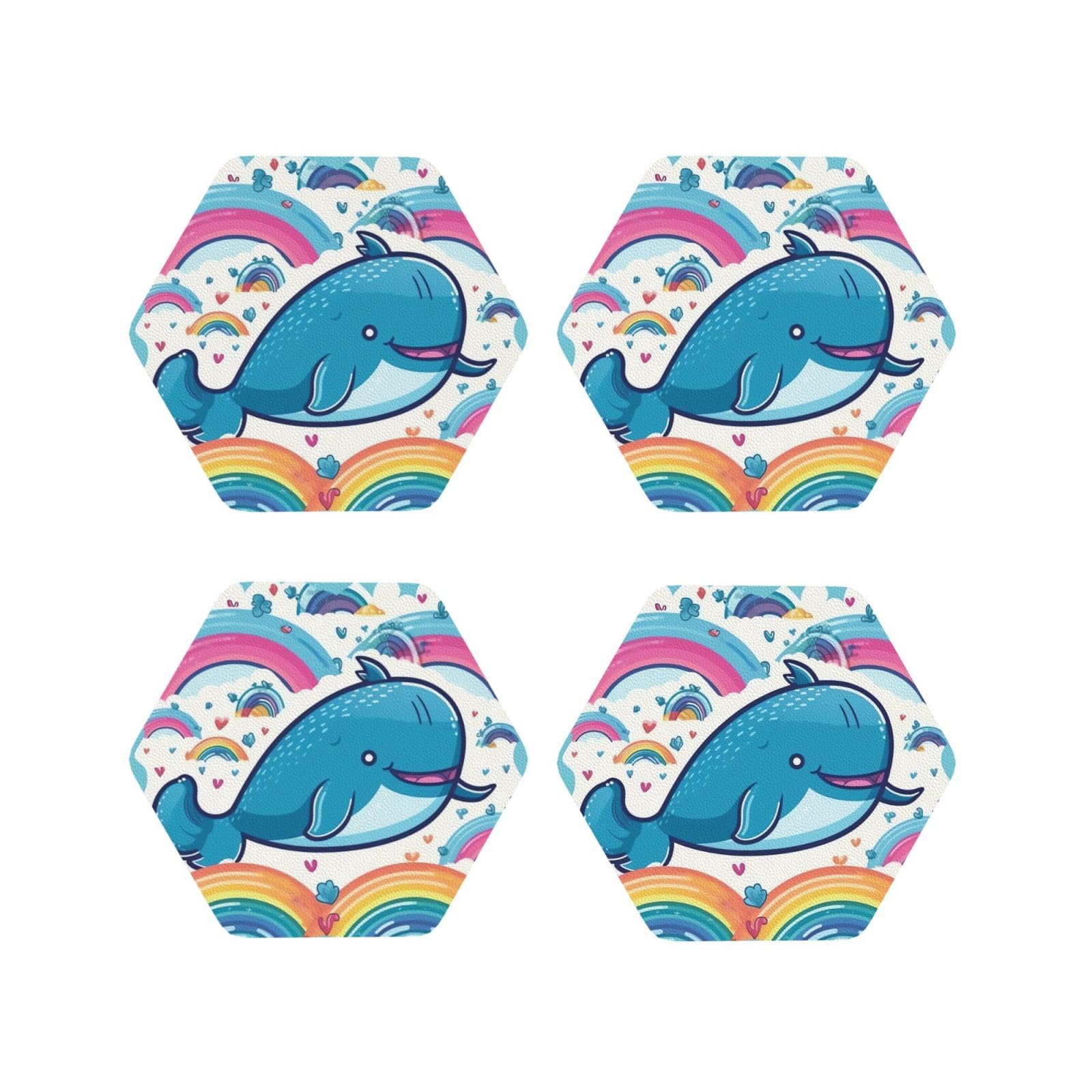 4pcs Drink Coasters for Tabletop Protection, 4" Leather Coasters for Drinks, Cartoon Whale and Rainbow Cup Coasters for Coffee Table Decor, Non-Slip Drinking Cup Mat for Hot Or Cold Drink