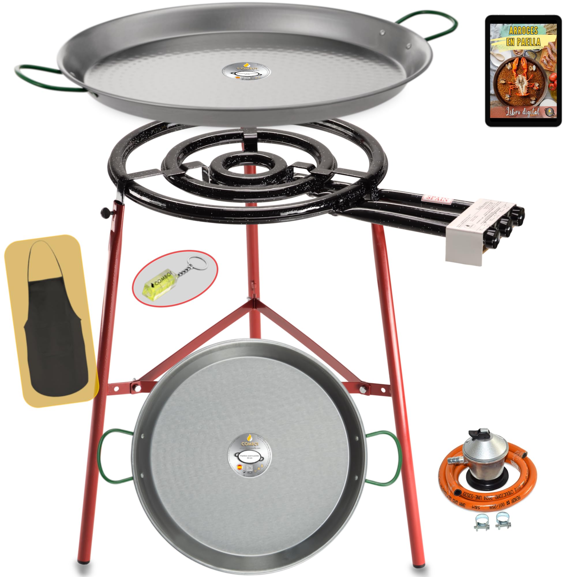 COMBOI Paellero a gas butano, Kit professionale Bruciatore piatto 53 cm, Paelleras lucidate 70 e 42 cm, regolatore, tubo, gambe rinforzate, livello, grembiule, libro ricette digitali (kit Paellero Pro