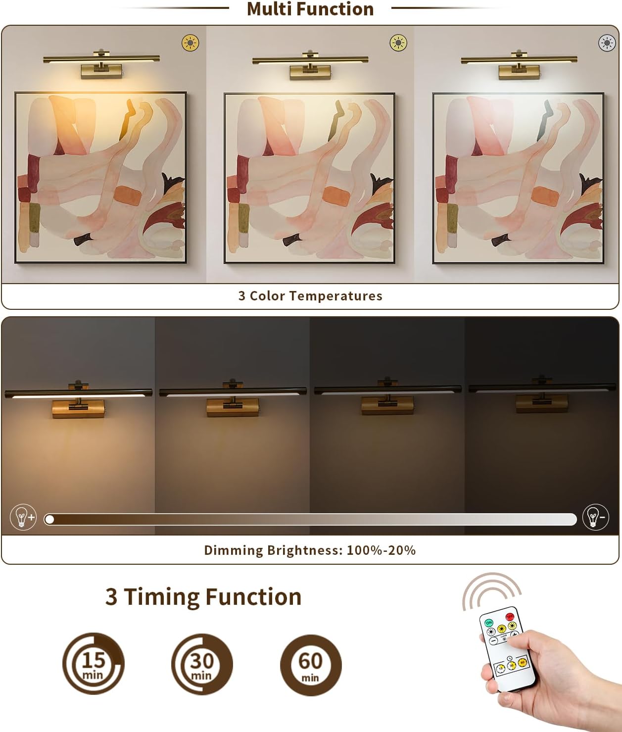JUSHENG Wireless Picture Lights Battery Operated with Remote and Timer 15.75'' Inch 3W Brass Art Light with Swing Arm Rechargeable Gallery Lighting Artwork Light