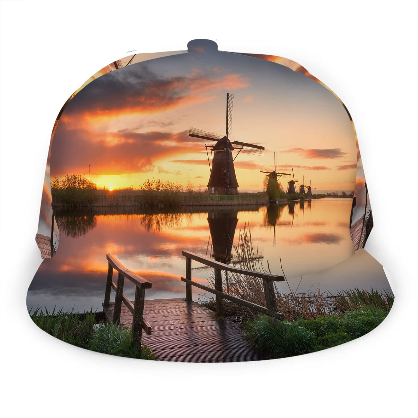 SwonoLandscape Baseball Cap,Beautiful Traditional Dutch Windmills Near The Waterl Canals Adjustable Snapback Trucker Hat Hiphop Hat for Men Women