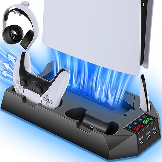 PS5/PS5 Slim/PS5 Pro Stand and Cooling Station with Dual Controller Charging Station for PlayStation 5 Console, PS5 Accessories Incl. Controller Charger, Cooling Fan, Headset Holder, 3 USB Hub, Black