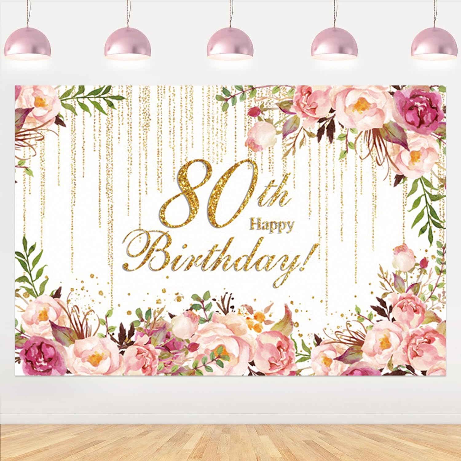 5x3ft 80th Birthday Backdrop Women Happy 80th Birthday Photography Background Pink Floral Glitter Dots Lady 80 Years Old Party Photo Booth Props