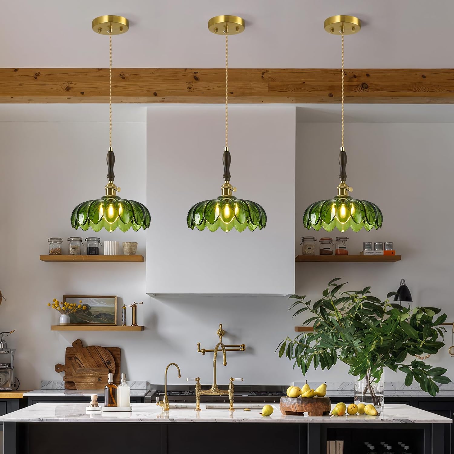 Modern Green Glass Pendant Light Retro Flower Glass Hanging Lamp Gold Brass Decorative Adjustable Ceiling Hanging Light Suitable for Kitchen Island Bedroom Dining Room Living Room