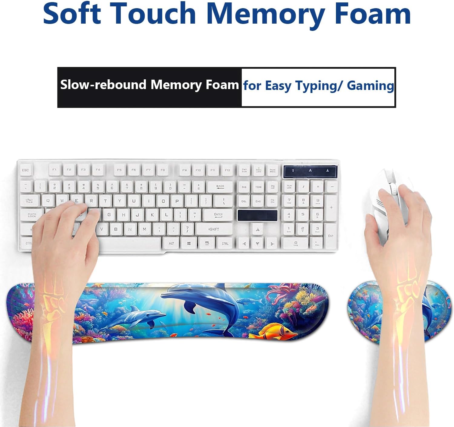 Large Mouse Pad + Keyboard Wrist Rest Set, Extended Gaming Mousepad (31.5X11.8 inch) with Non-Slip Rubber, Ergonomics Memory Foam Mouse Wrist Rest Support, Underwater World Dolphin XXL Desk Pad