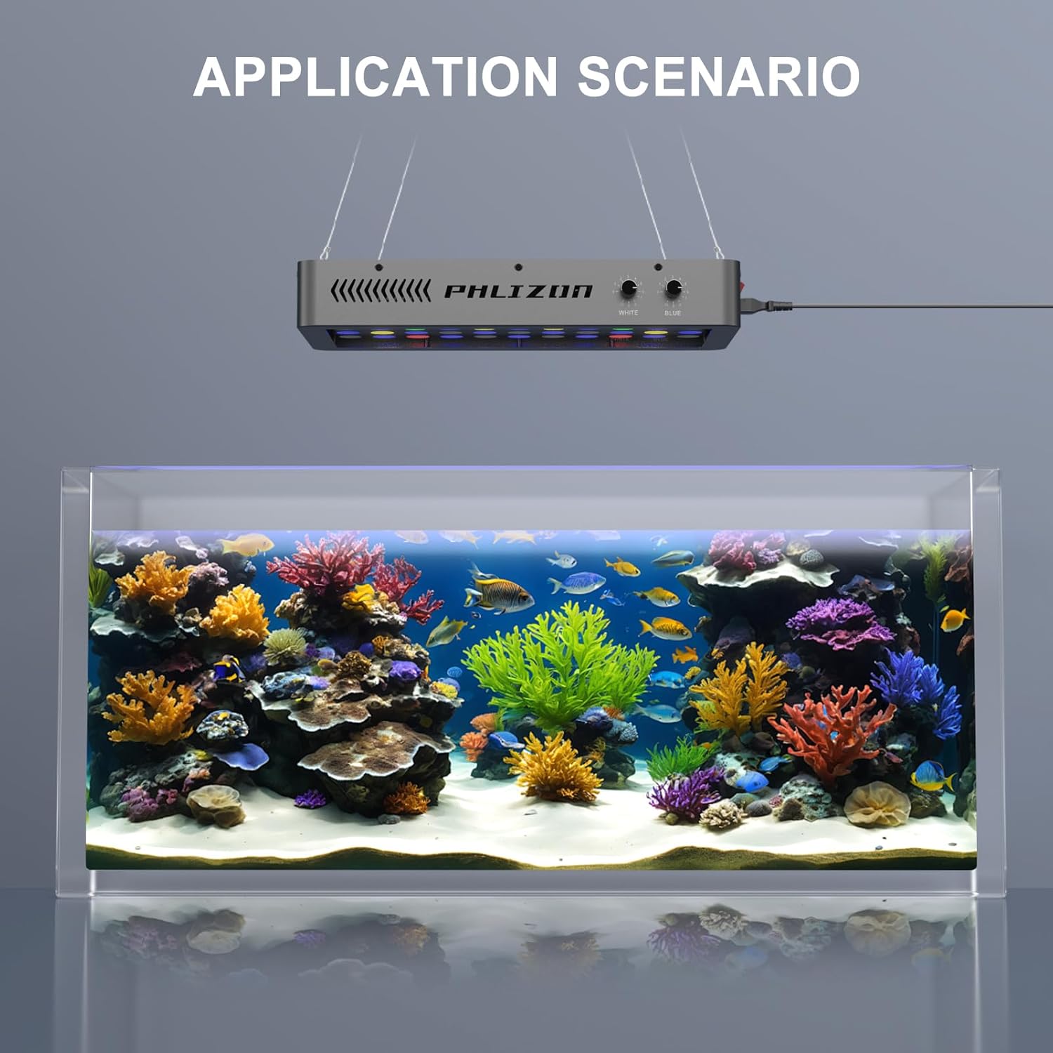 Phlizon LED light suspended over an aquarium