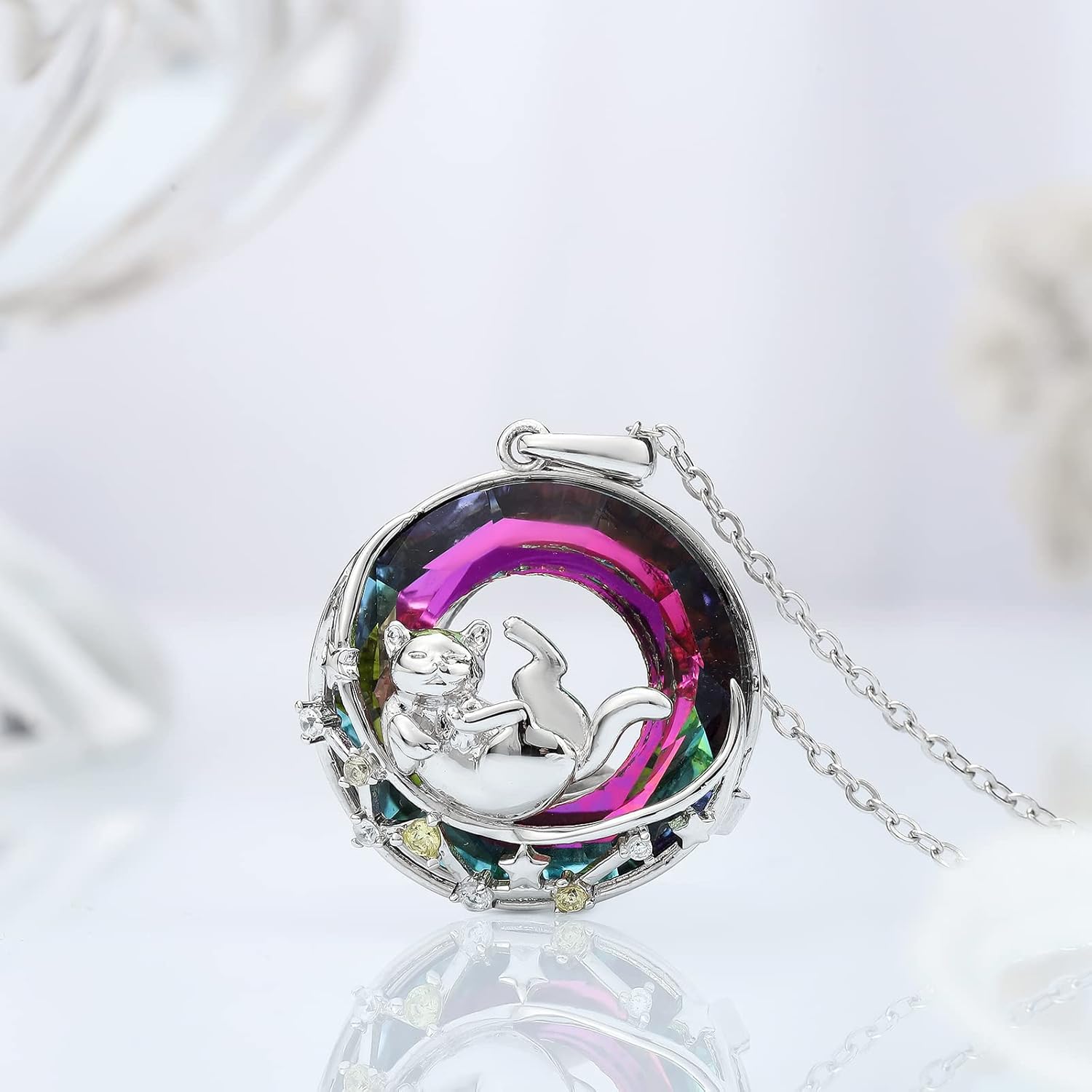SELENICHAST Cat Necklace 925 Sterling Silver Pendant Necklace Jewelry for Women Moon Necklace for Birthday Gifts for Cat Lovers Mom Mothers Day