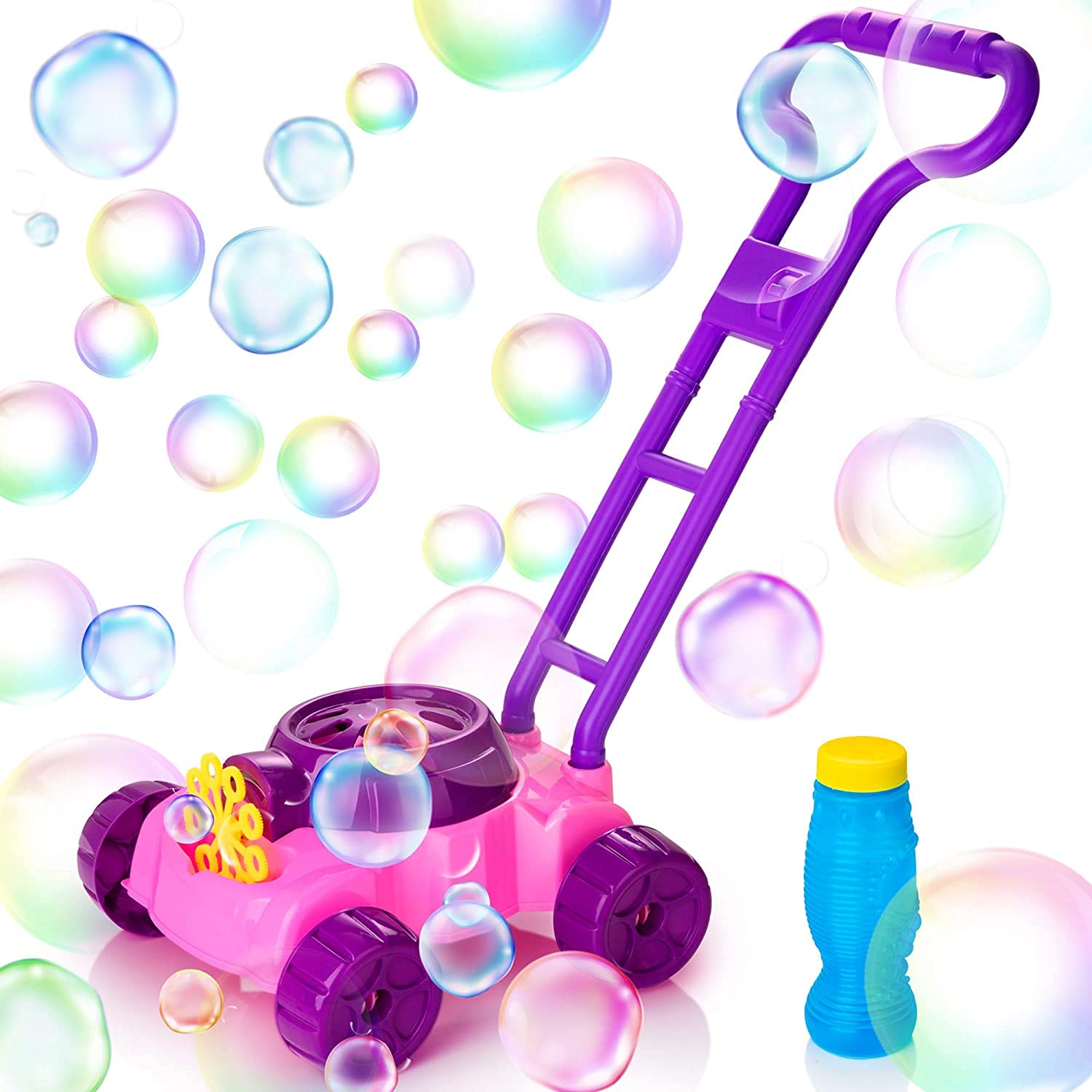 KIDWILL Bubble Machine for Kids, Outdoor Bubble Mower with Bubble Solution, 1000 Bubbles Per Minute, Automatic Bubble Maker for Toddlers Age 3+ (Purple+Pink)